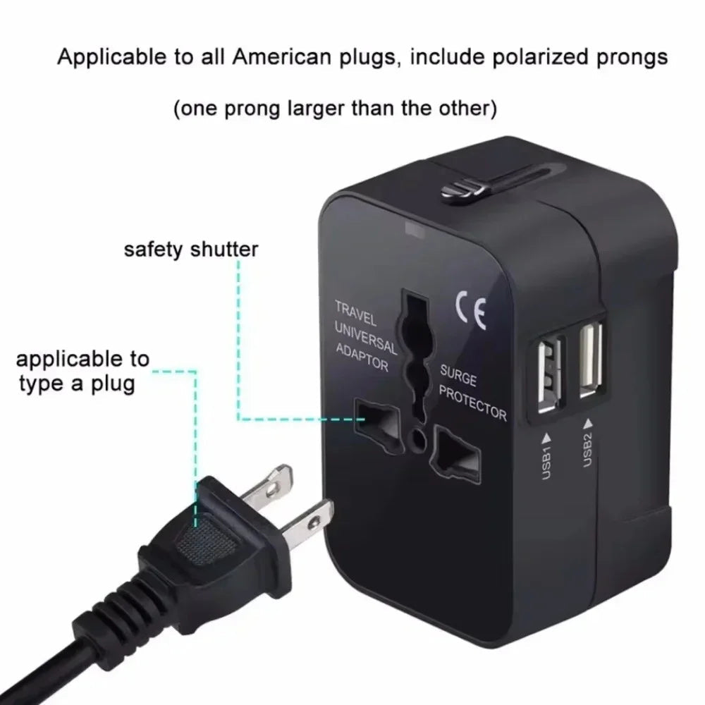 PlugonGo All-in-One Universal Travel Plug Adapter with Dual USB Ports