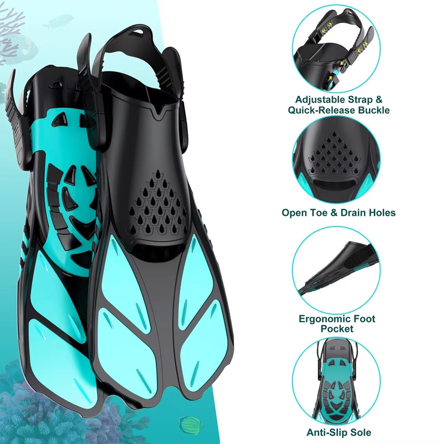 DeepBrez 180-Degree Panoramic Snorkel Set with Dry Top and Fins