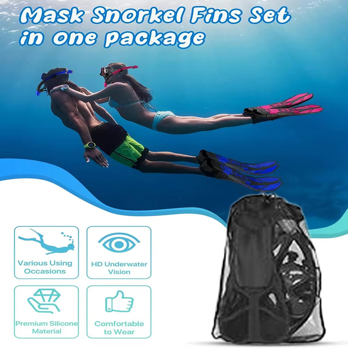 DeepBrez 180-Degree Panoramic Snorkel Set with Dry Top and Fins