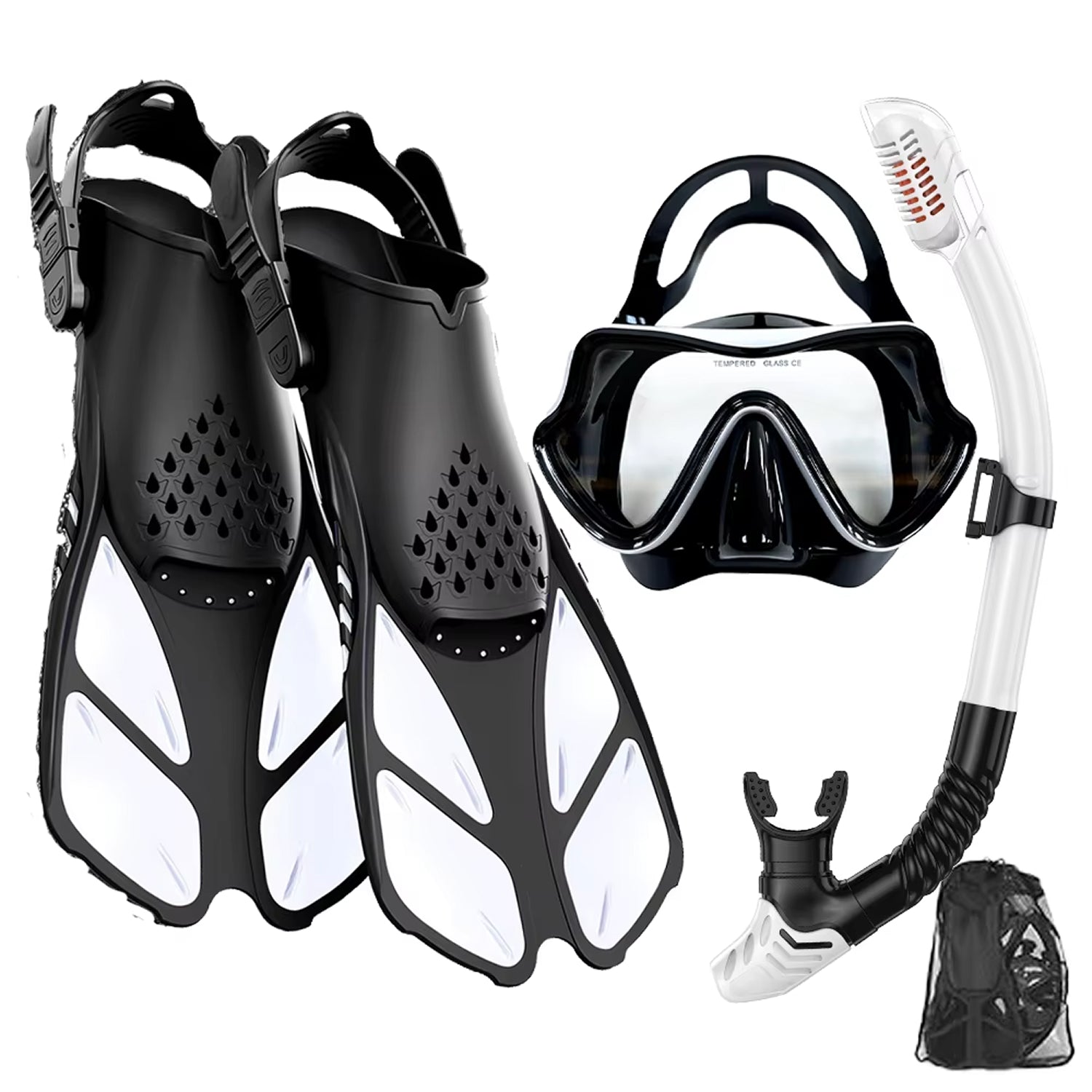 DeepBrez 180-Degree Panoramic Snorkel Set with Dry Top and Fins