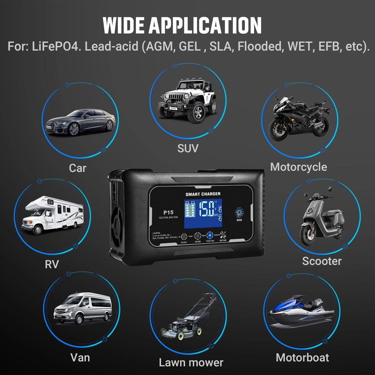 JoltNapo 12V/24V Smart Car Battery Charger & Maintainer with Repair Mode