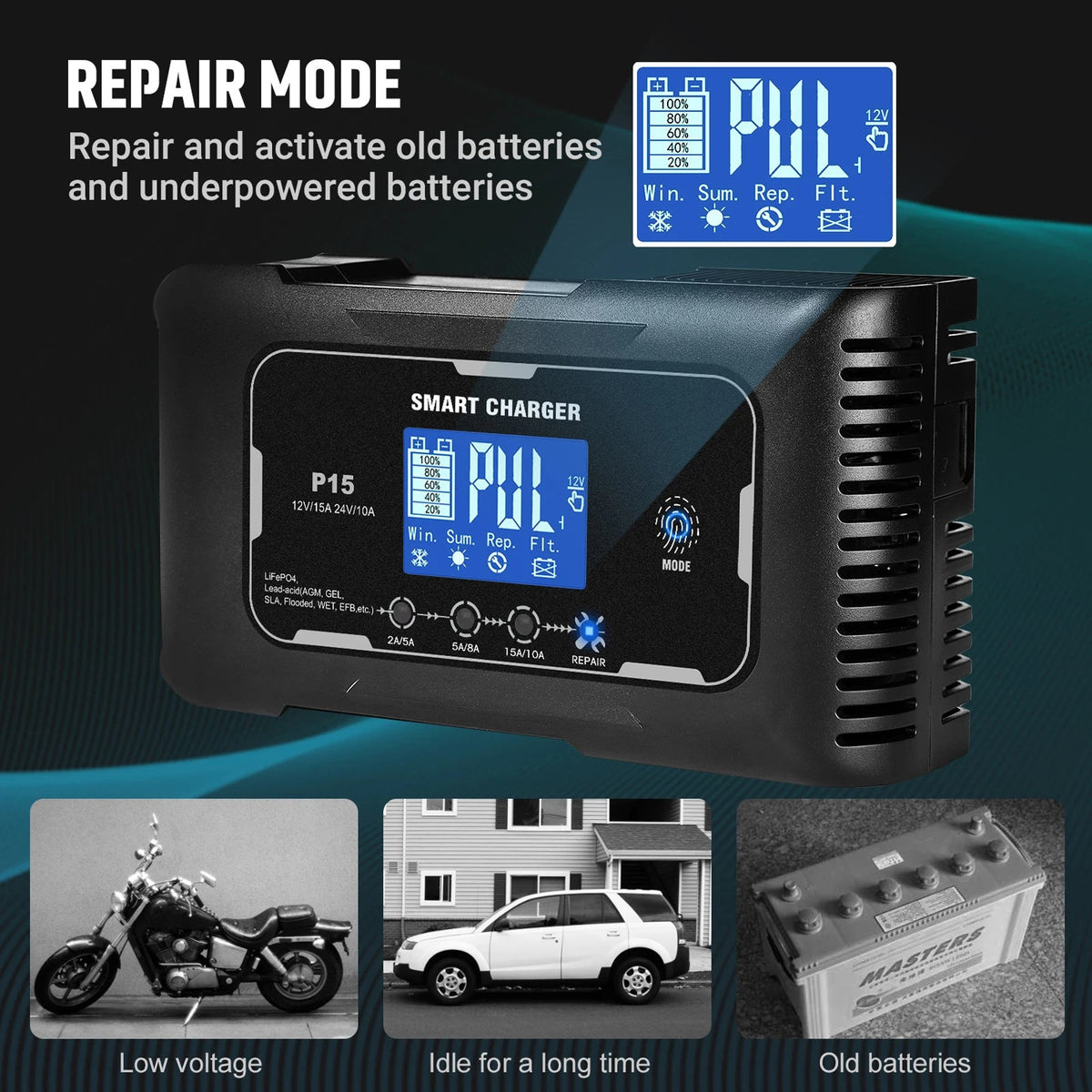 JoltNapo 12V/24V Smart Car Battery Charger & Maintainer with Repair Mode
