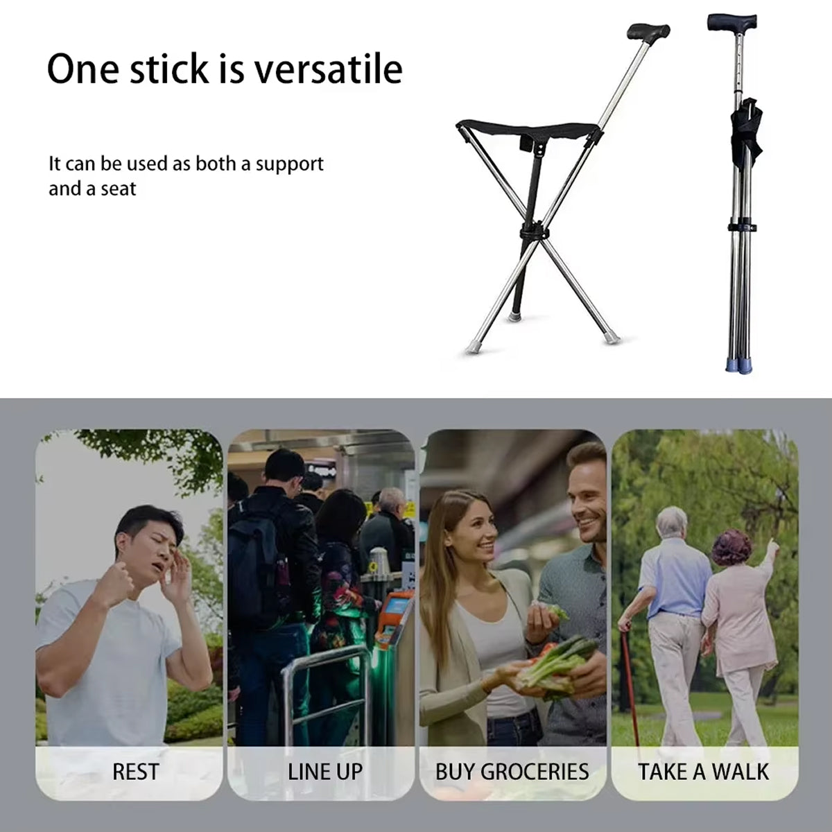 Restixi 2-in-1 Lightweight Folding Walking Stick with Integrated Seat